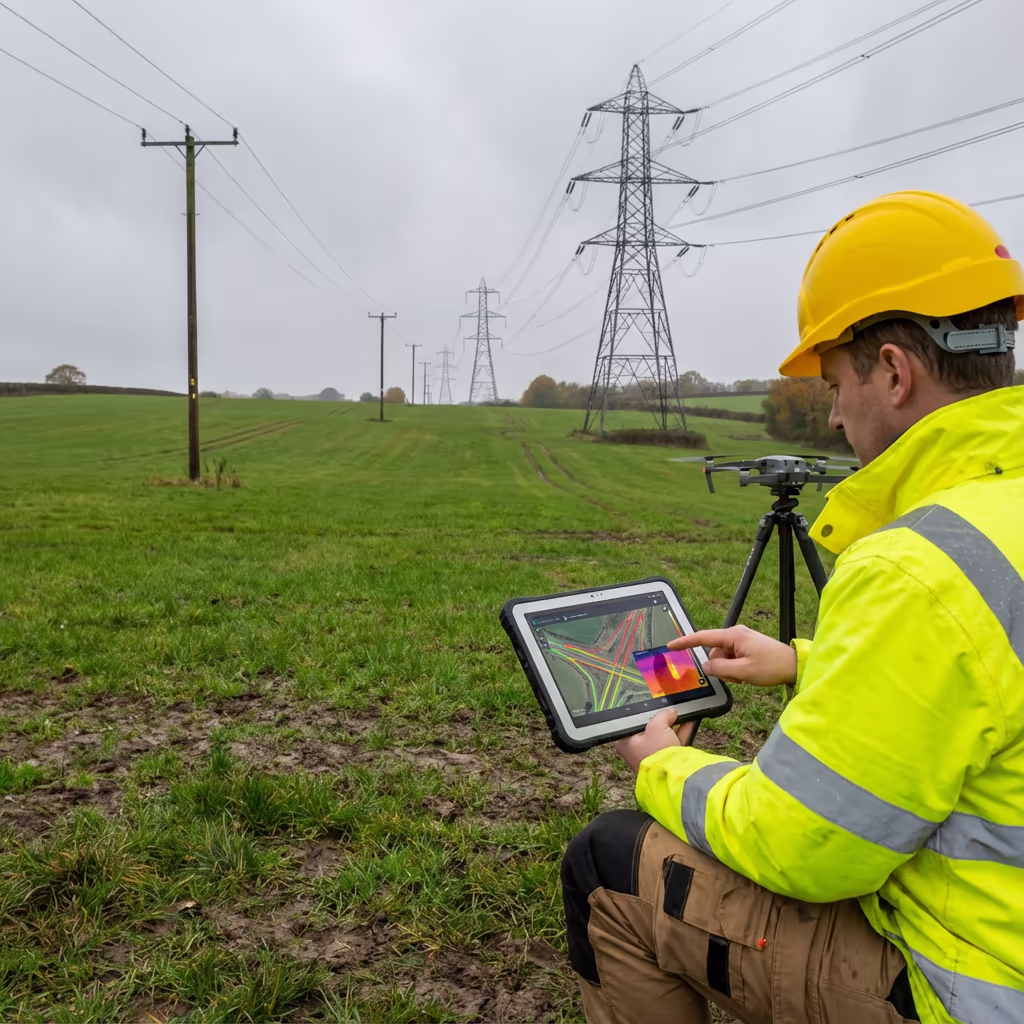 Surveyor reviewing drone utility survey data on tablet with power lines in background