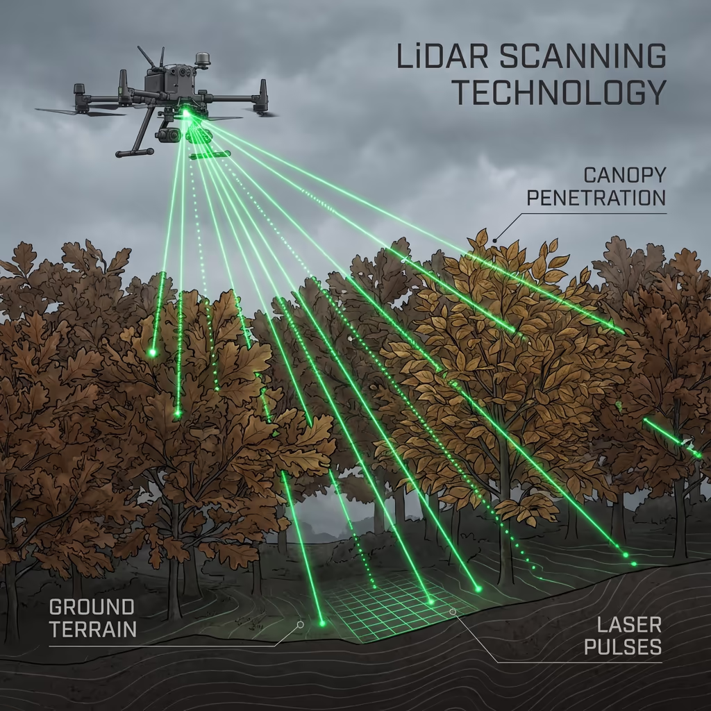 Vegetation encroachment analysis near power lines showing trees approaching conductor clearance zones
