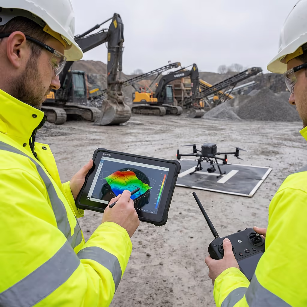 Surveyor reviewing volumetric measurement data on tablet at quarry site