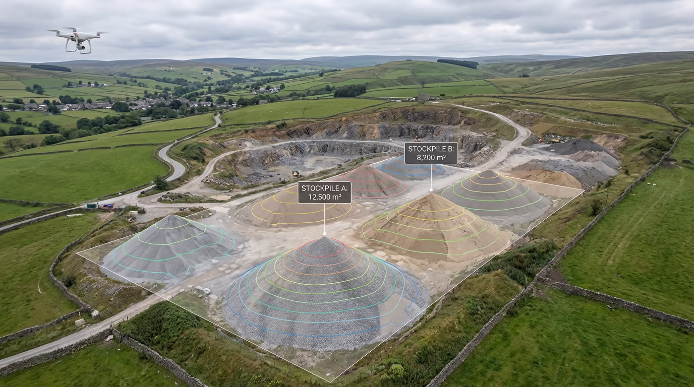 Drone photography of quarry stockpiles with volume measurement overlay