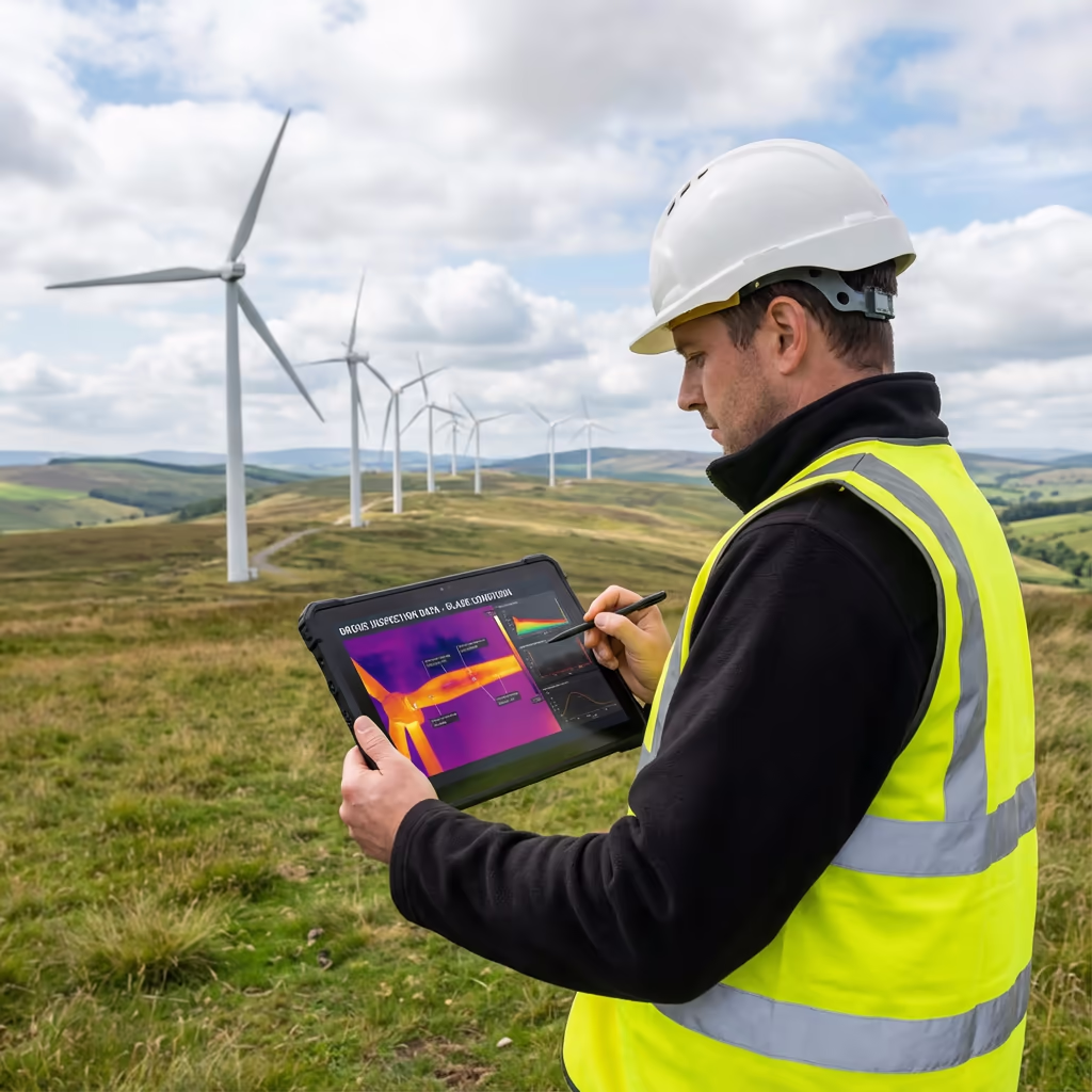 Surveyor reviewing drone wind turbine inspection data on tablet at wind farm site