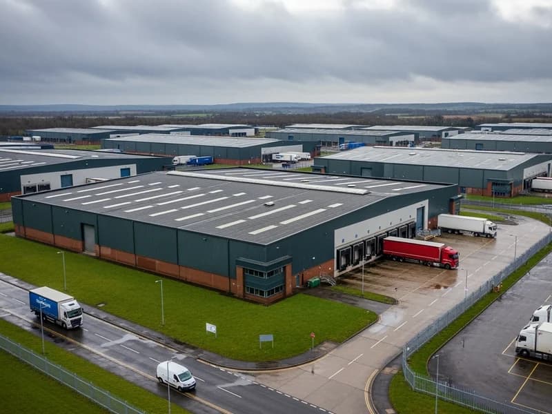 Professional aerial photography of commercial warehouse complex showing industrial buildings and logistics infrastructure