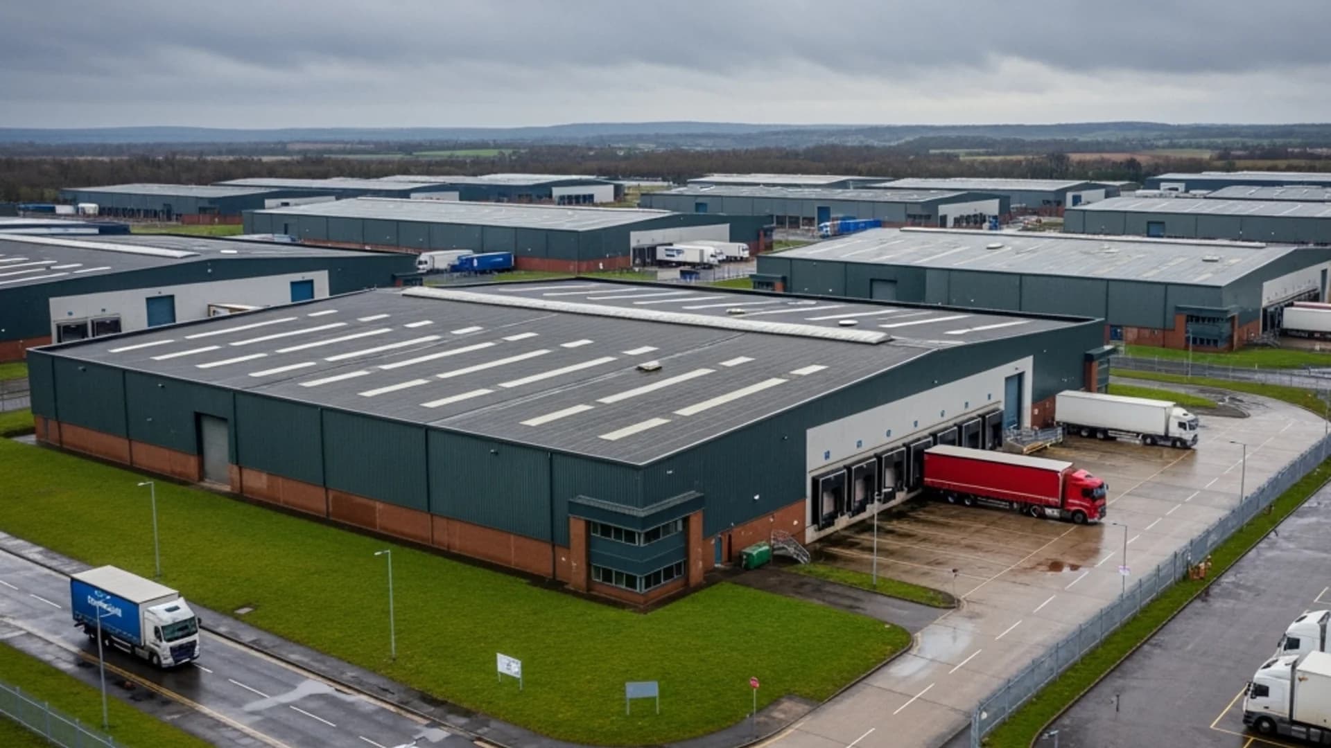 Professional aerial photography of commercial warehouse complex showing industrial buildings and logistics infrastructure