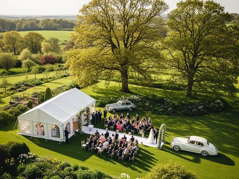 Elegant outdoor wedding reception aerial photography featuring white marquee tent in countryside setting