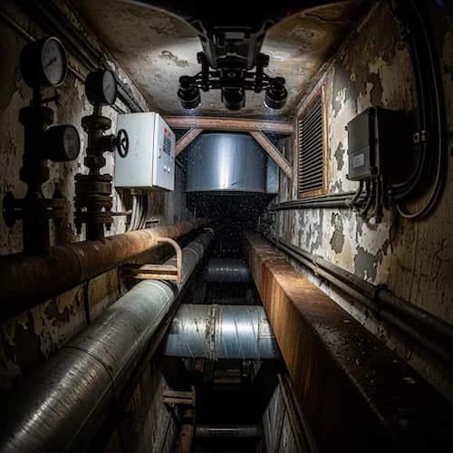 Caged drone inspecting industrial tank interior