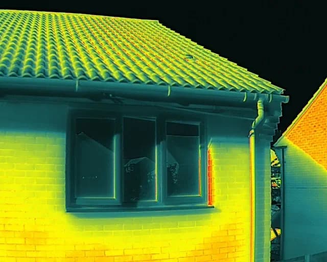 Thermal imaging view showing heat loss patterns in building structure