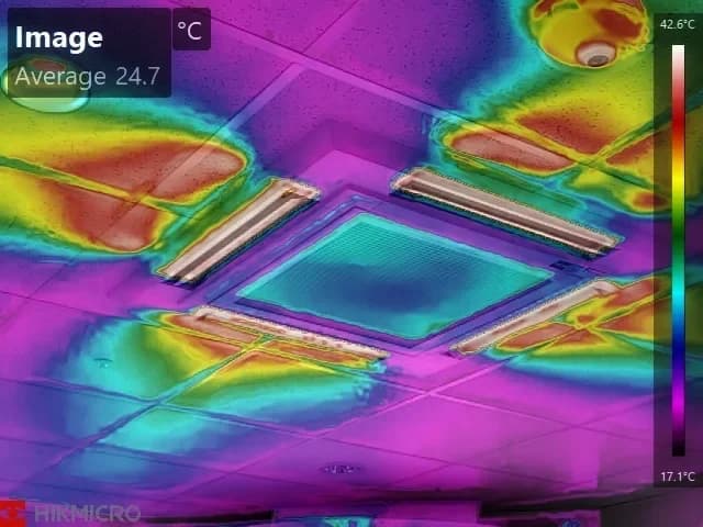 Professional thermal imaging analysis of commercial building showing HVAC systems and temperature measurements