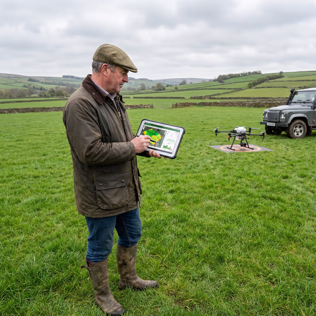 British farmer reviewing drone agricultural survey data on tablet in farm field