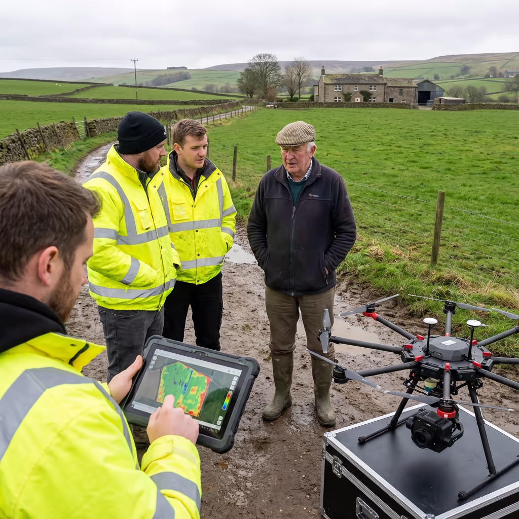 Professional drone survey team meeting with farmer client on UK farm