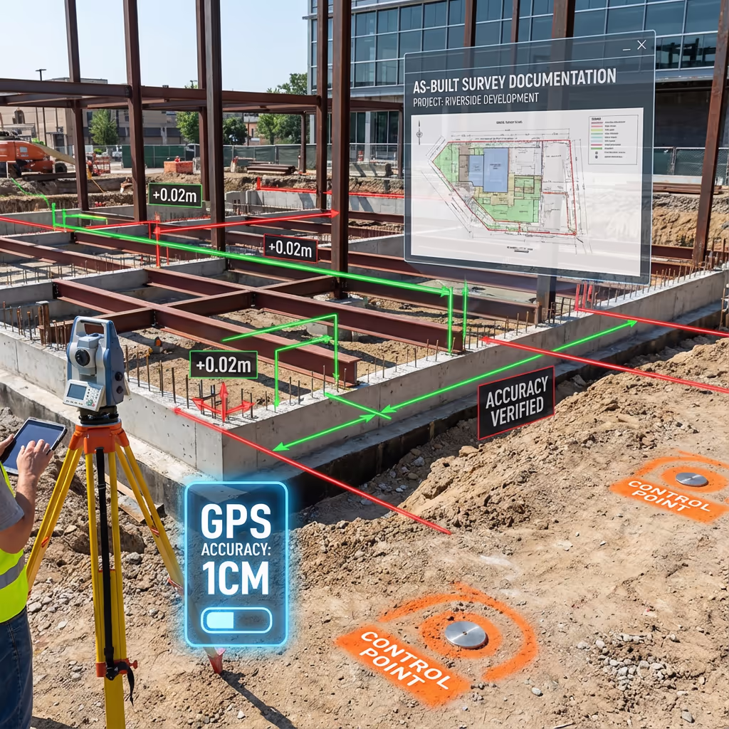Survey control points and accuracy verification markers at construction site