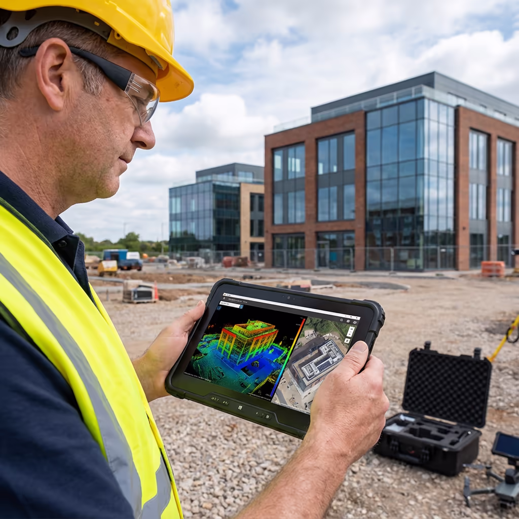 Surveyor reviewing UAV as-built survey data on tablet at completed construction site