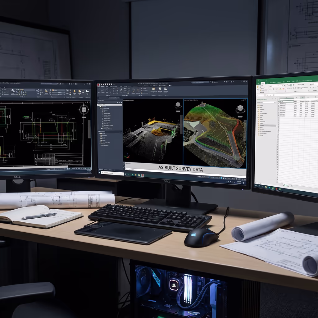 Computer screen displaying as-built CAD drawings and survey data