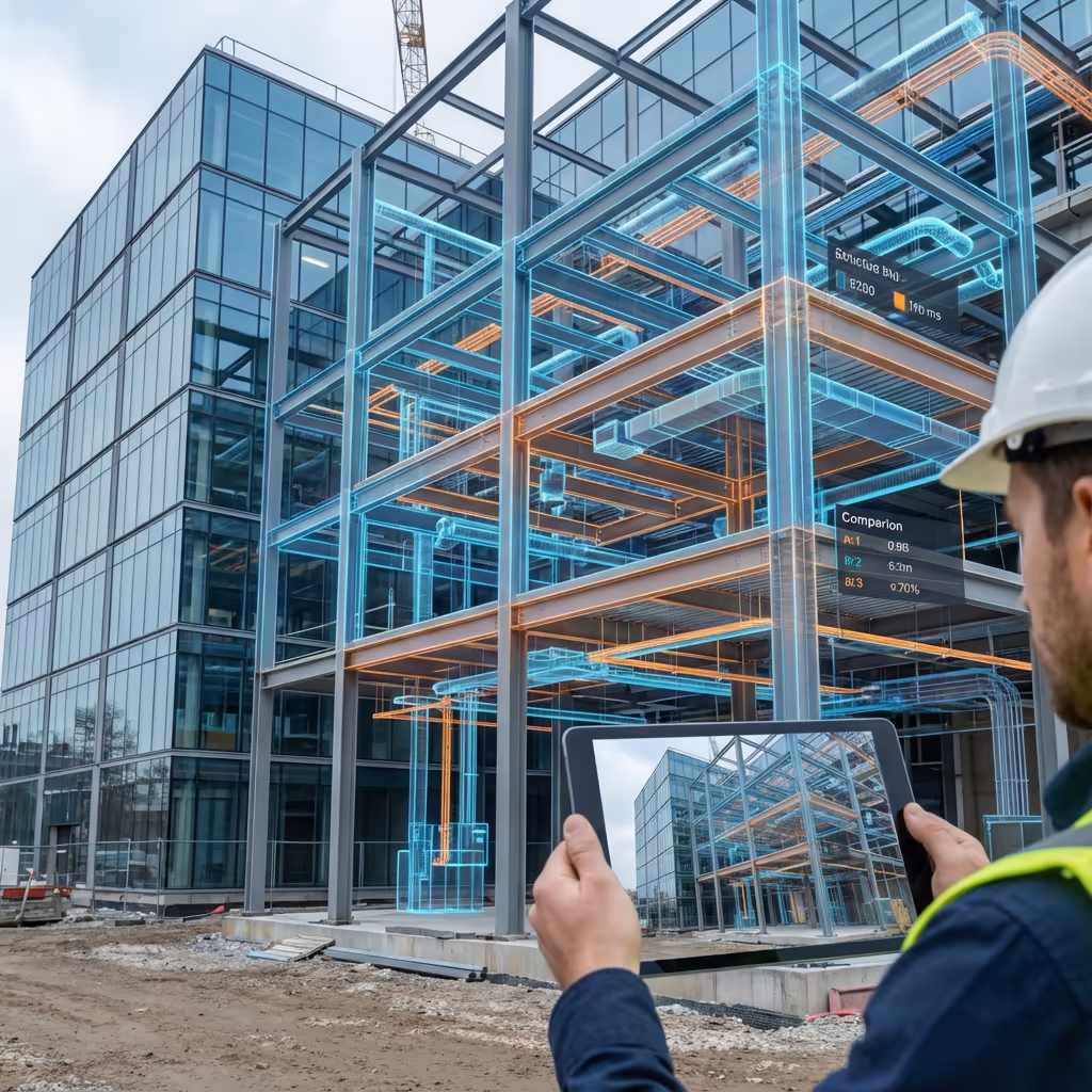 BIM model comparison overlay on completed construction showing deviations