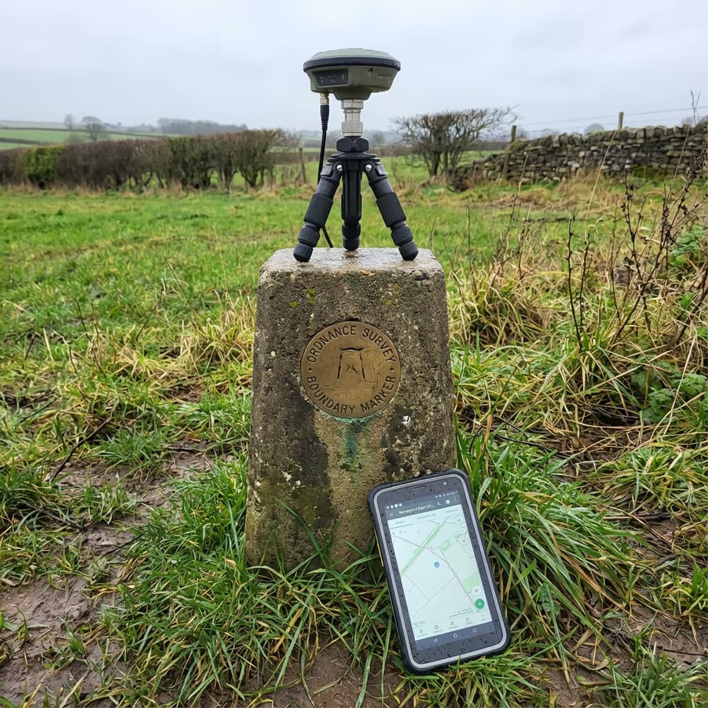Survey boundary marker with GPS equipment for precision measurements