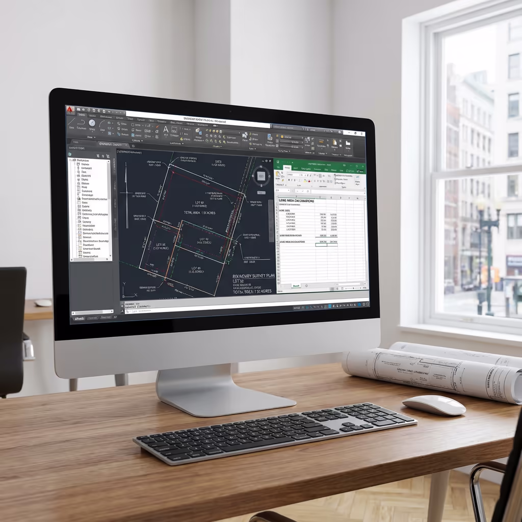 Computer screen displaying boundary survey plans and area calculations