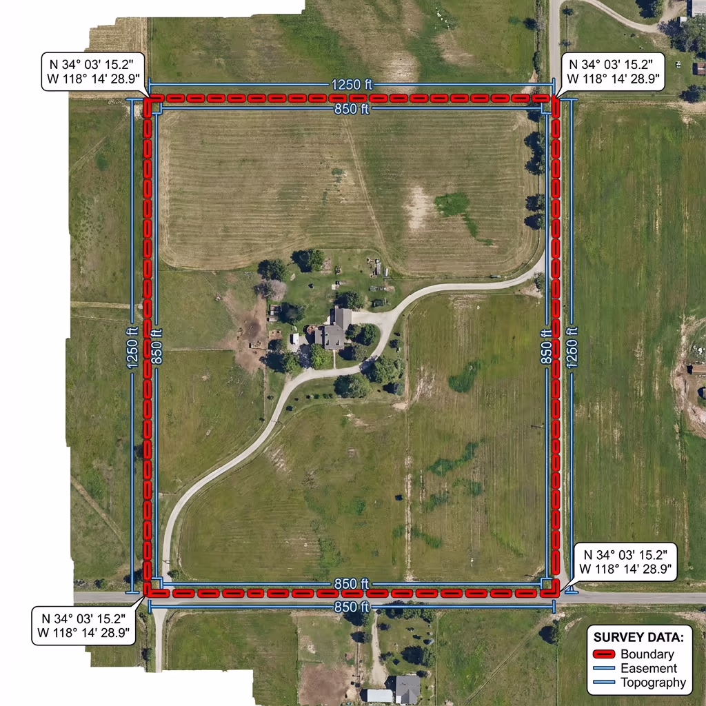 Property boundary mapping with GPS coordinates overlay from drone survey