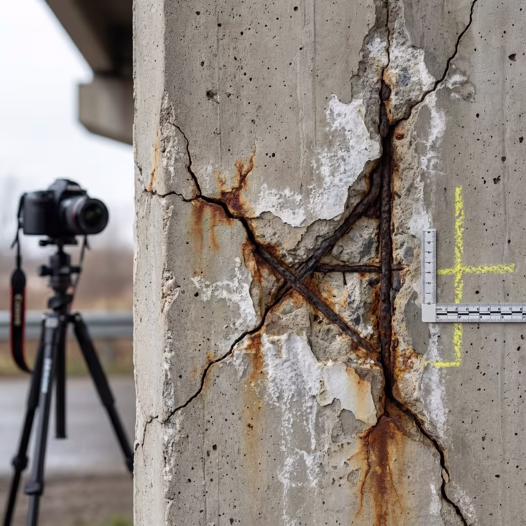High-resolution bridge detail showing crack and corrosion identification