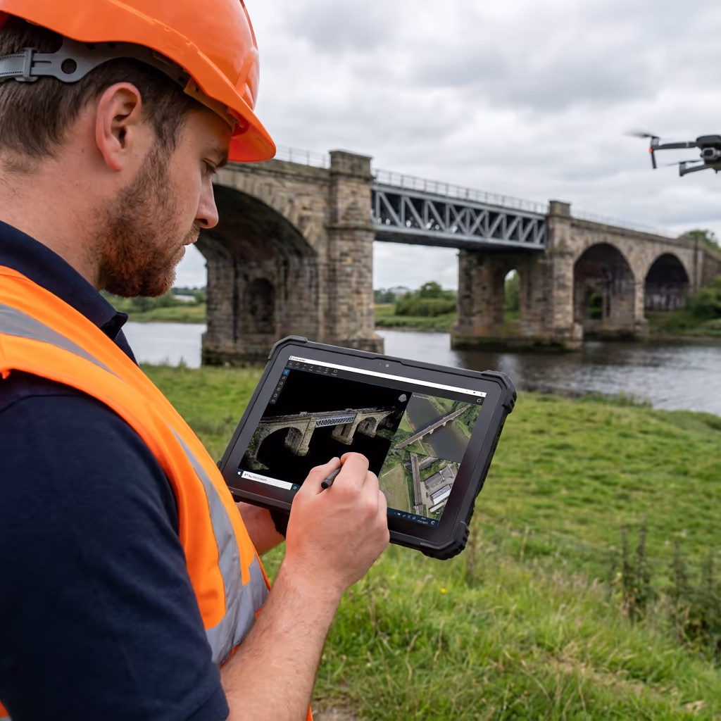 Surveyor reviewing drone bridge inspection data on tablet at UK bridge