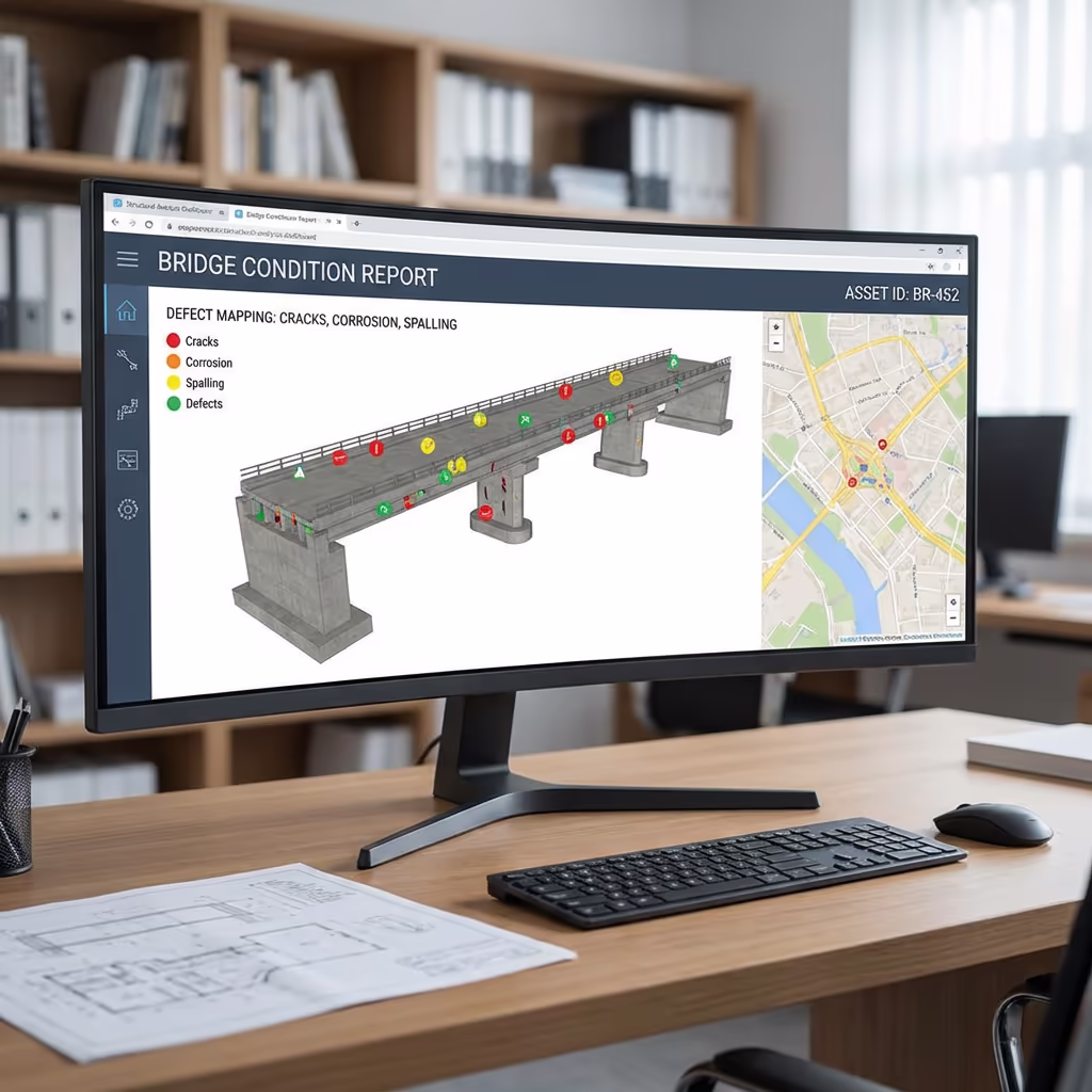 Bridge condition report with defect mapping displayed on computer screen