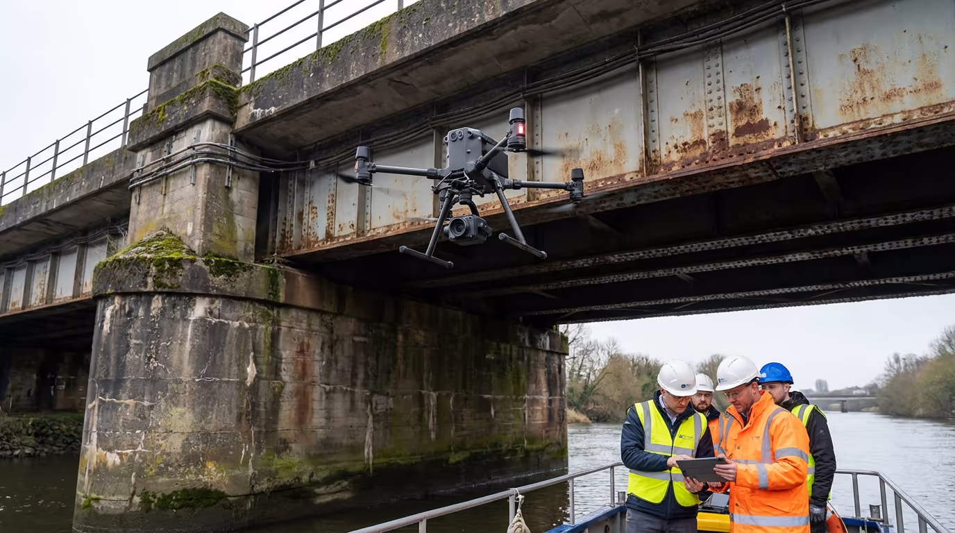 Professional drone inspecting underside of UK bridge structure