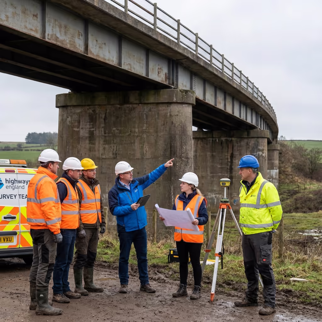 Survey team meeting with highways infrastructure client on site