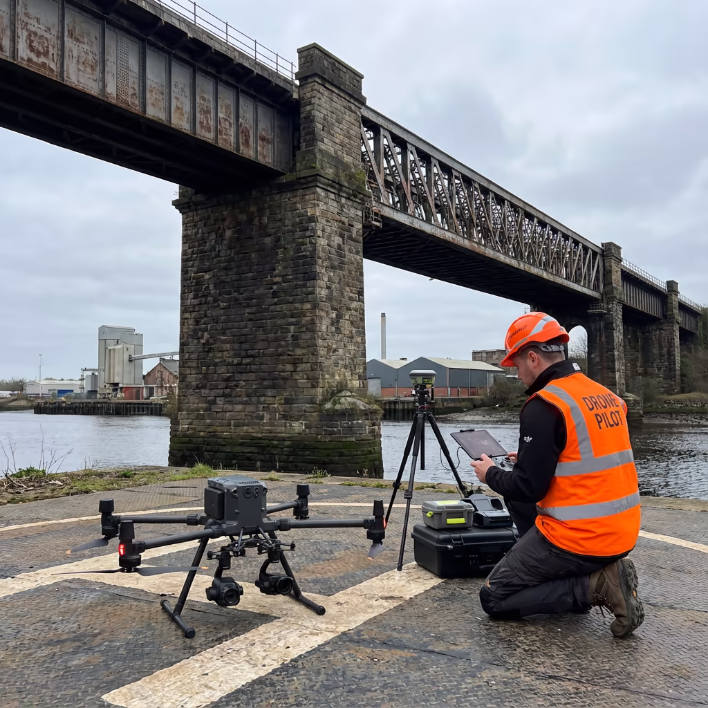 Drone pilot preparing for bridge inspection flight near UK infrastructure