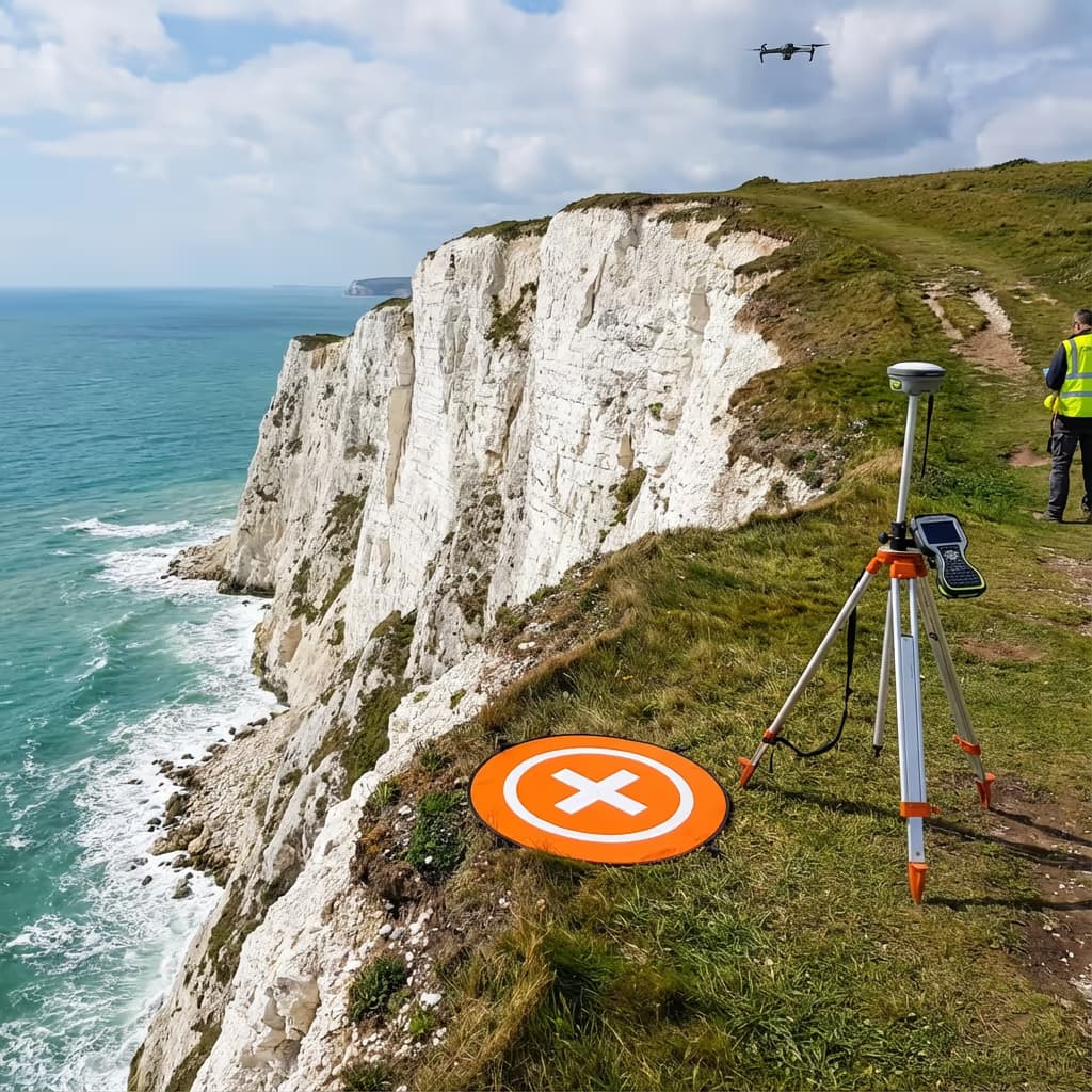 Coastal cliff with ground control point for survey accuracy