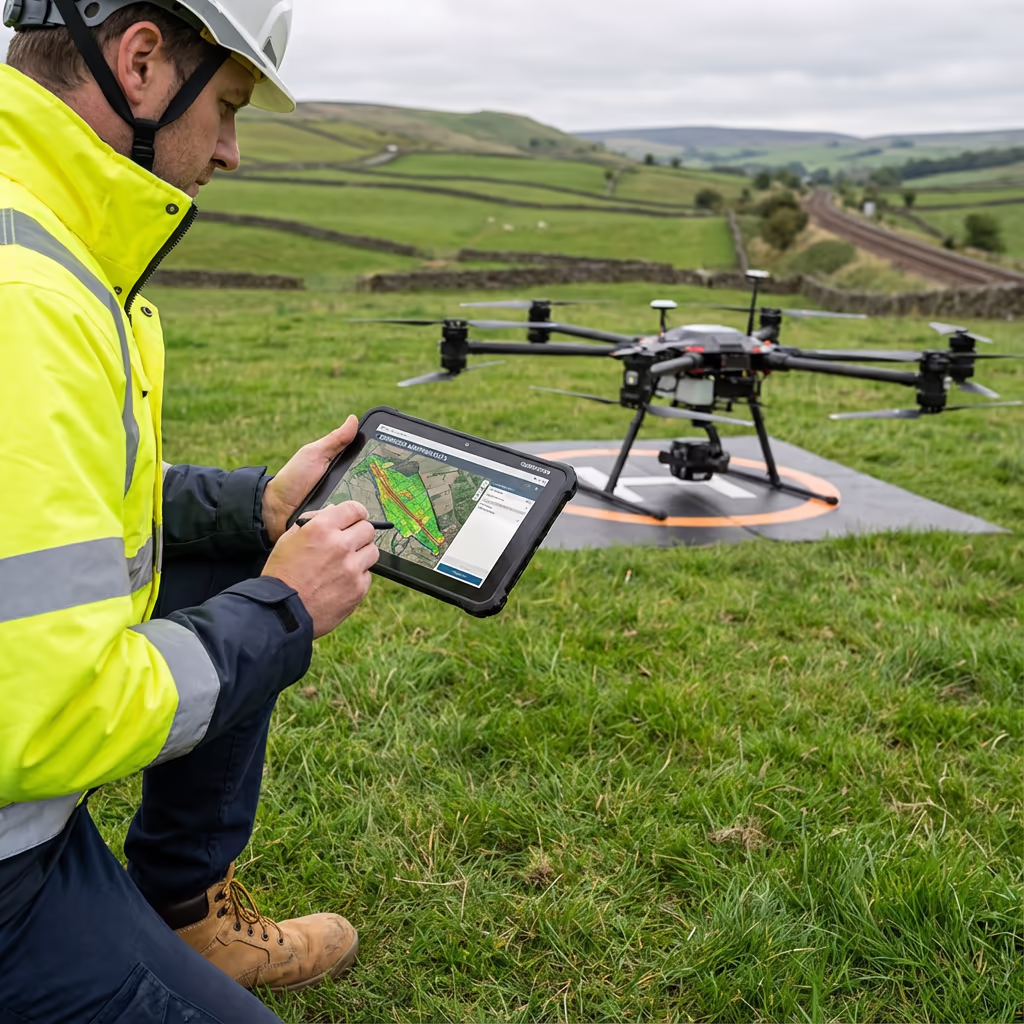 Drone surveyor reviewing corridor mapping data on tablet device