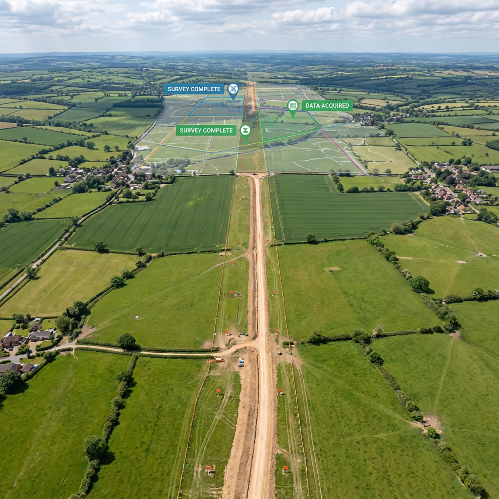 Long linear corridor mapping showing complete survey coverage stretching into distance