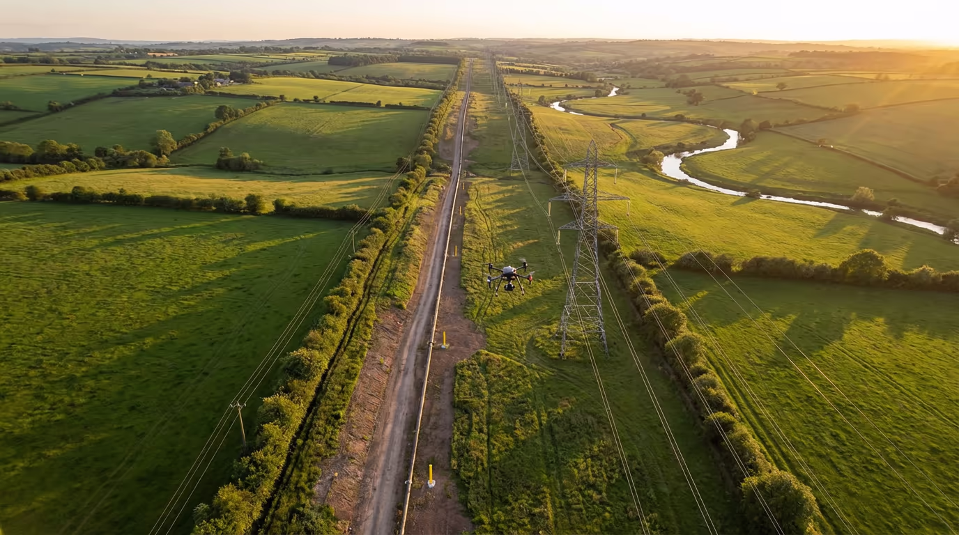 Drone view of linear infrastructure corridor through British countryside