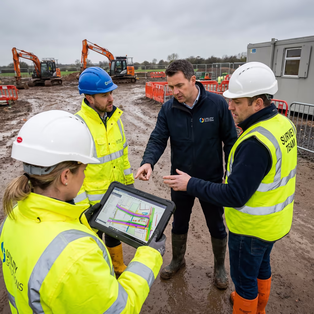 Professional survey team meeting with infrastructure client to discuss corridor project