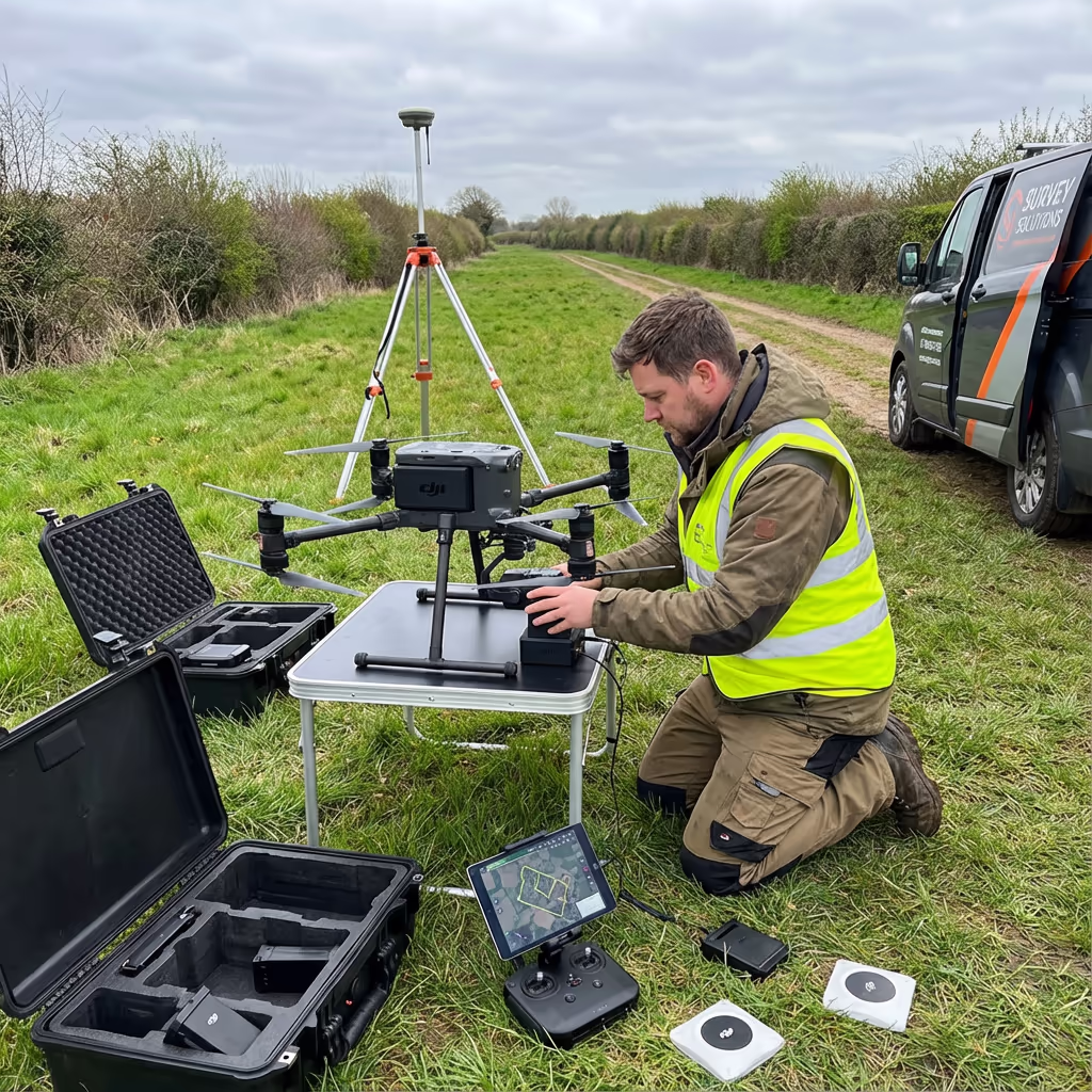 Professional drone pilot preparing equipment for corridor survey mission