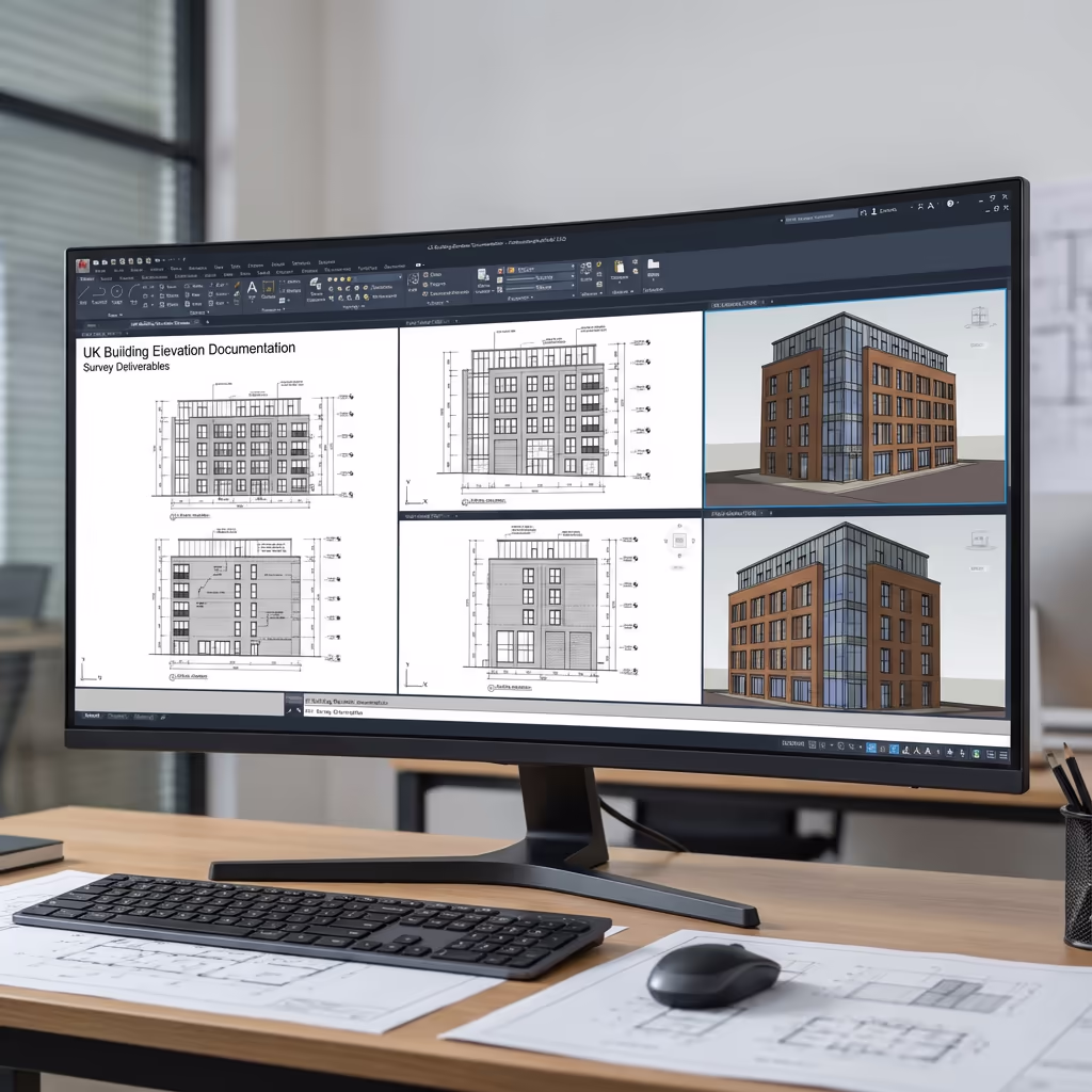 Building elevation drawings and facade models displayed on computer screen