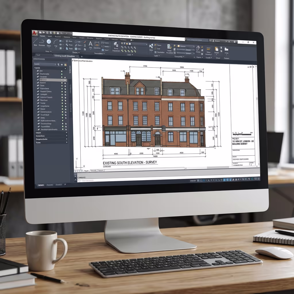 Orthorectified facade image with CAD overlay measurements on screen