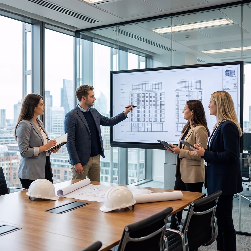 Survey team meeting with architect client in modern office