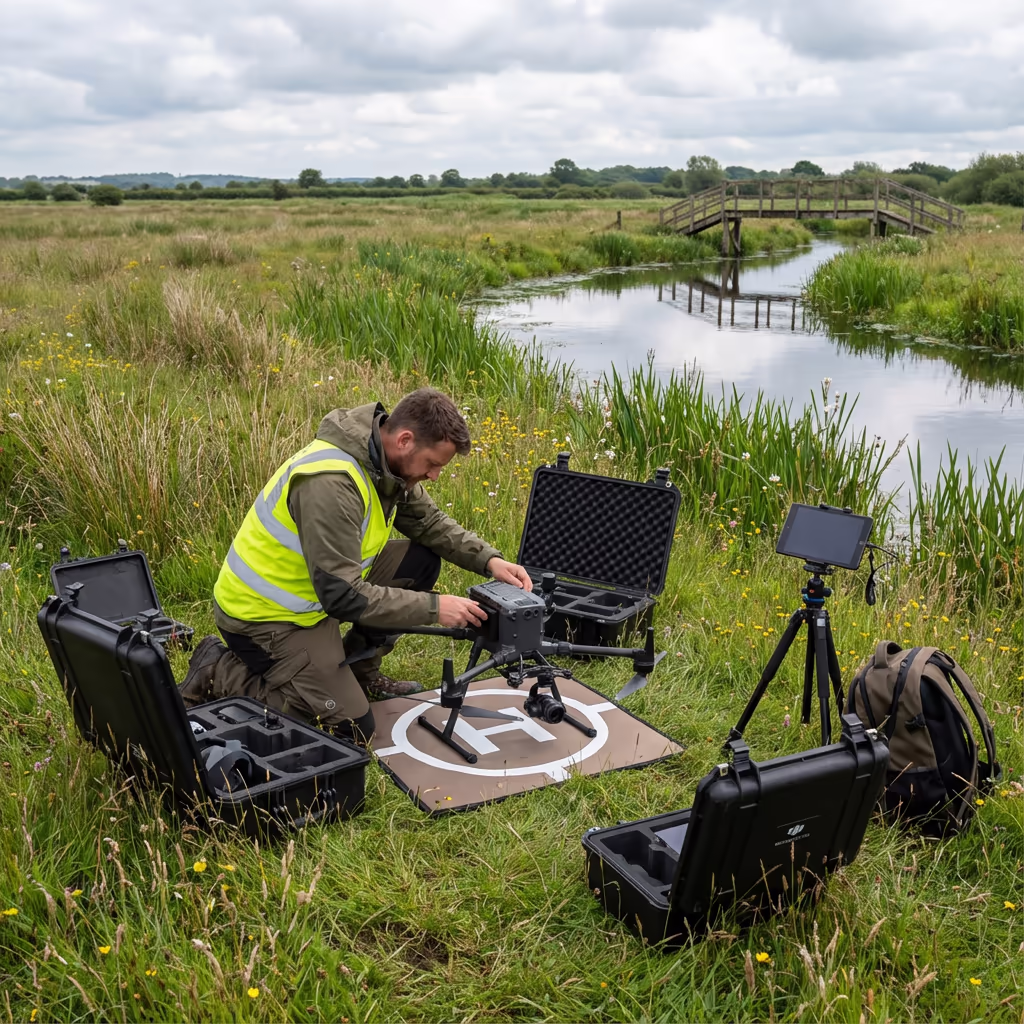Drone pilot in natural environment preparing for environmental survey