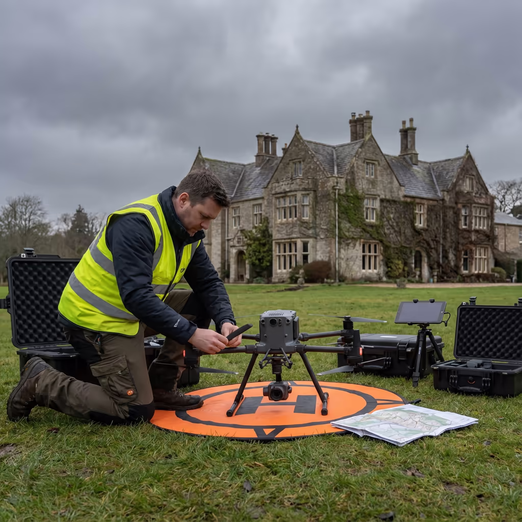 Drone pilot preparing for estate survey flight at UK manor house