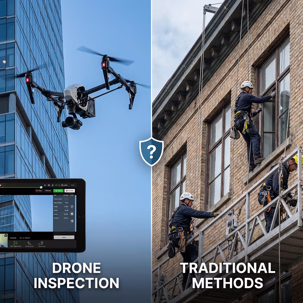 Drone facade survey compared to rope access and scaffolding methods