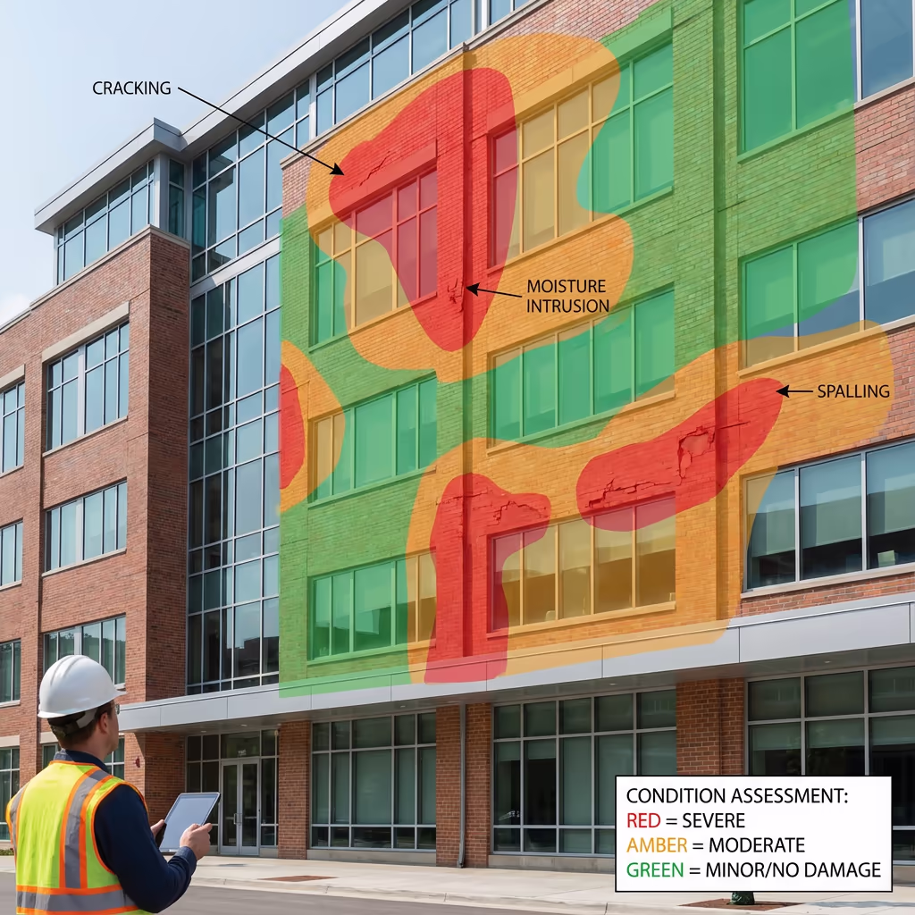 Facade defect mapping with color-coded condition assessment
