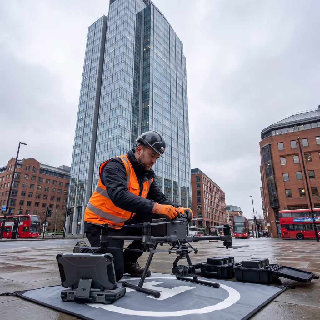 Drone pilot at base of tall building preparing for facade survey