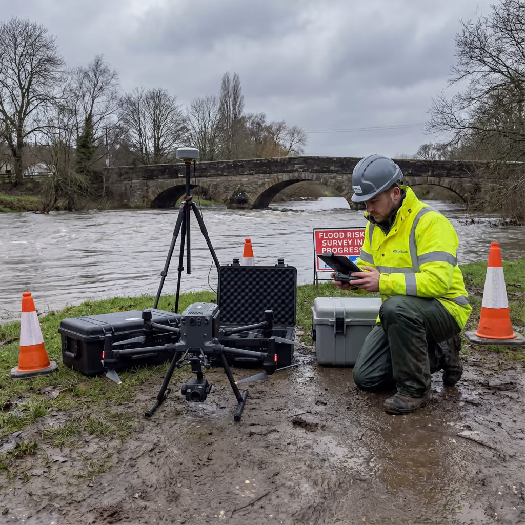 Drone pilot near UK river preparing for flood risk survey flight