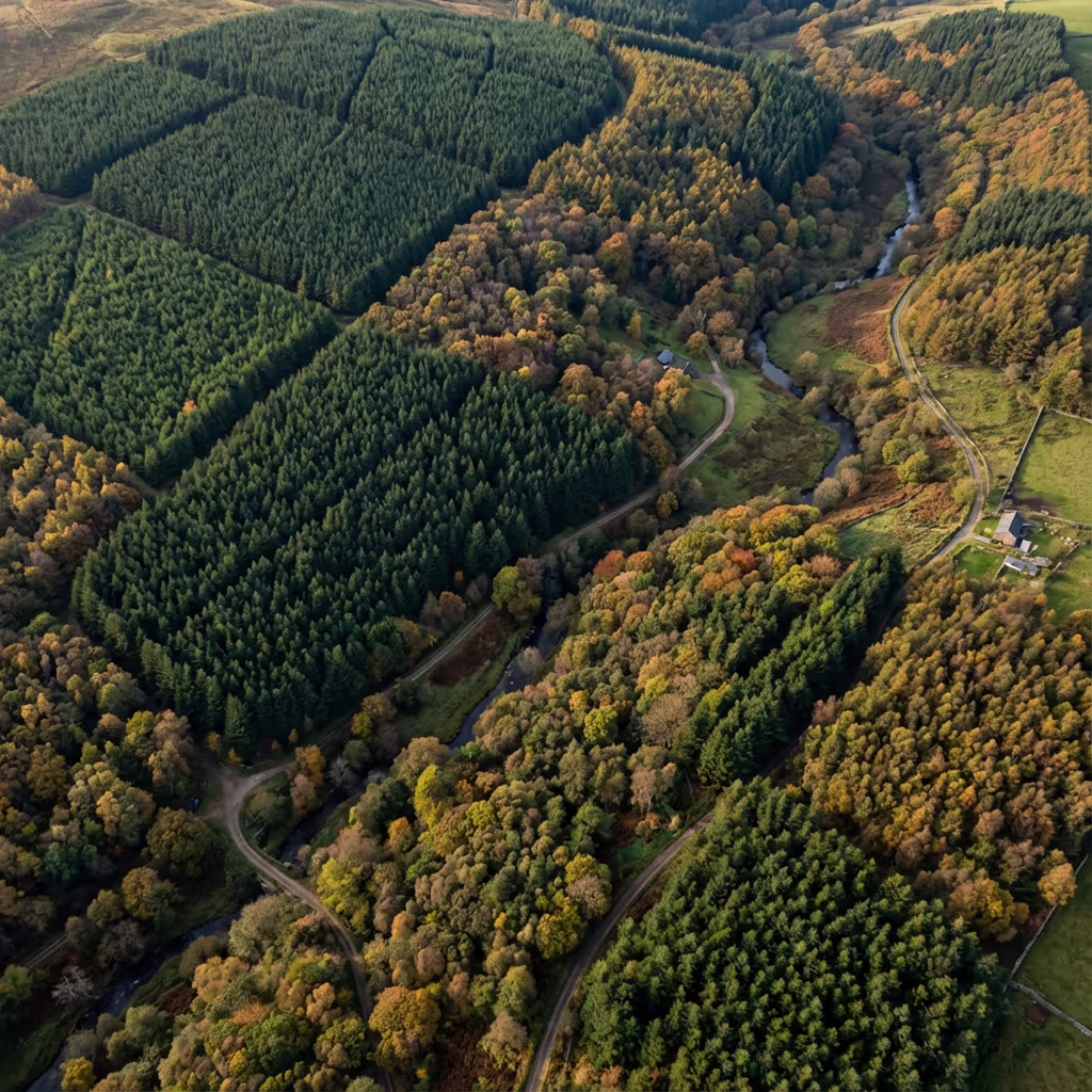 Drone view showing various forest types - conifer plantation and mixed woodland