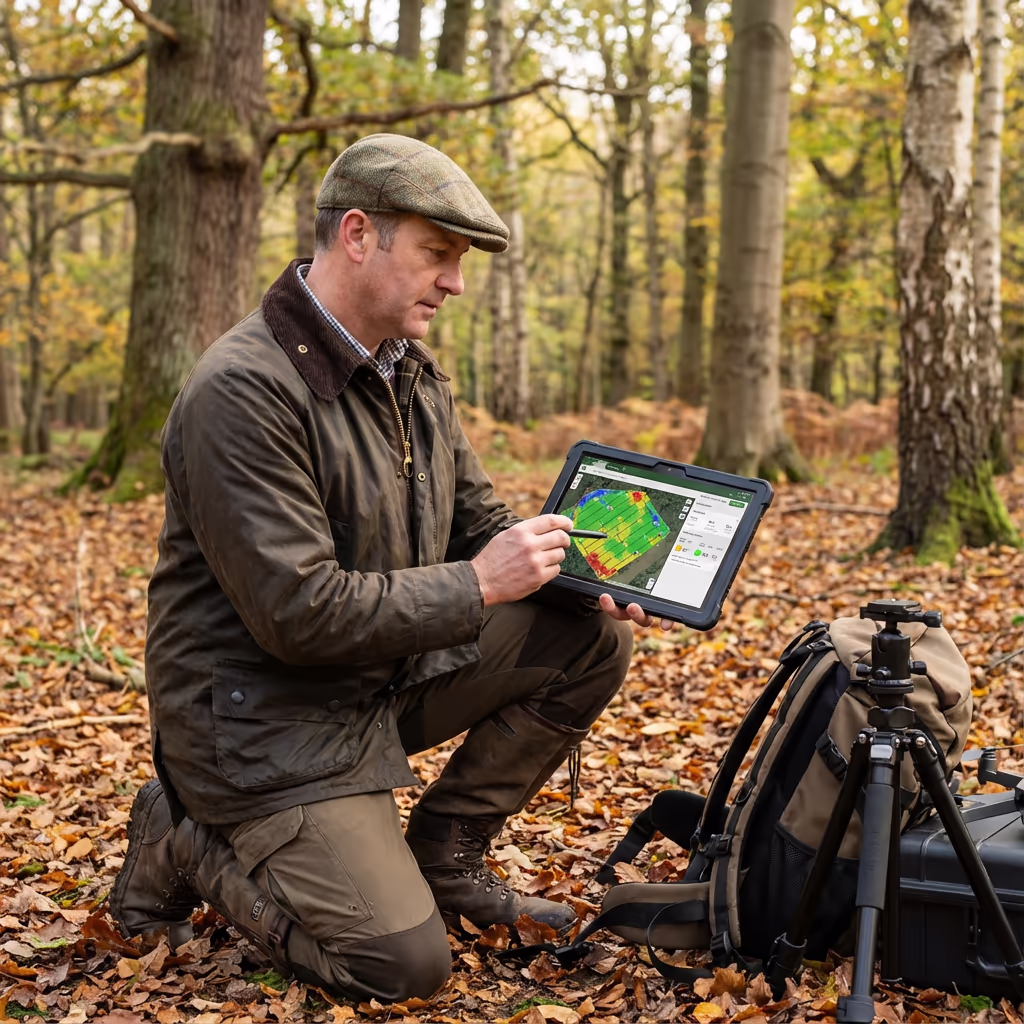 Forester reviewing drone survey data on tablet in UK woodland