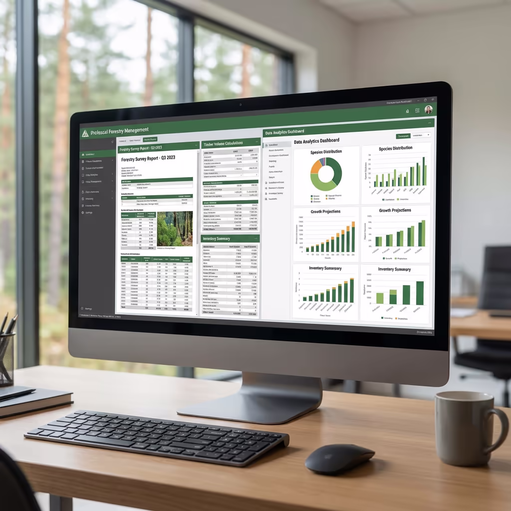 Computer screen displaying forestry survey reports and timber volume data