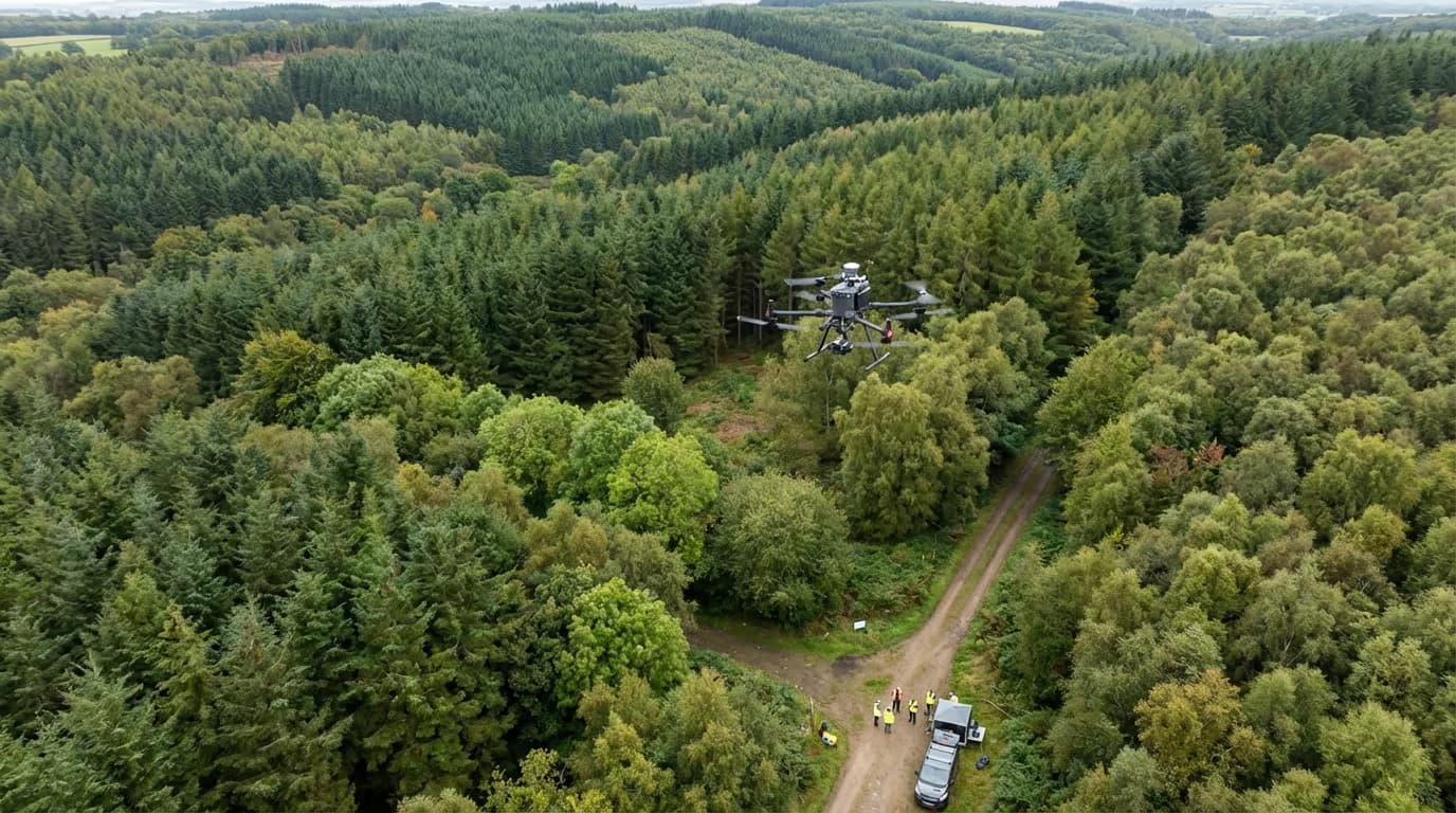 Drone view of UK forest and woodland for forestry survey