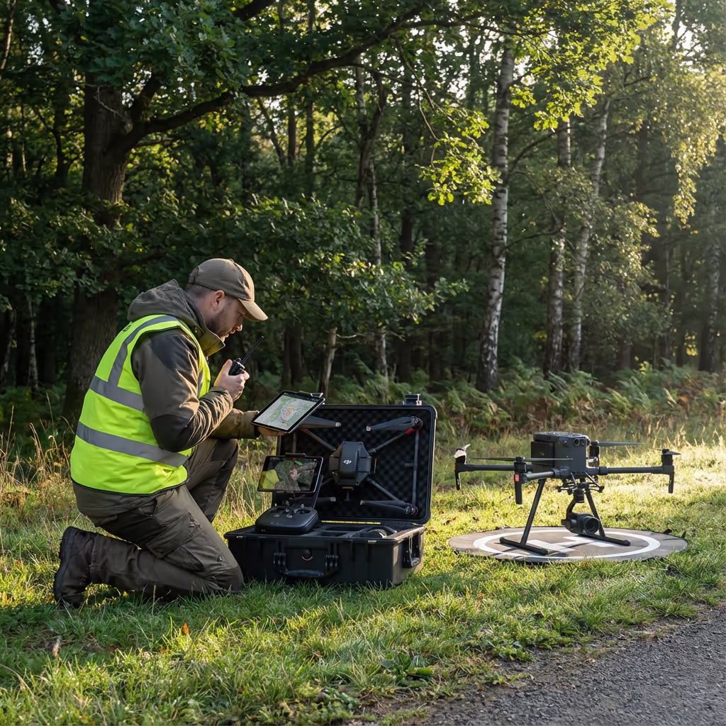 Drone pilot at forest edge preparing equipment for forestry survey