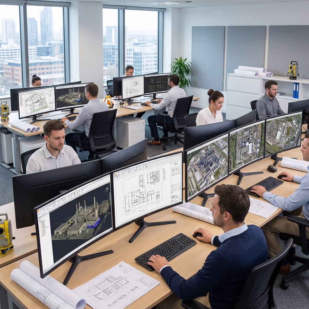 Computer screen displaying industrial site plans and 3D models from drone survey
