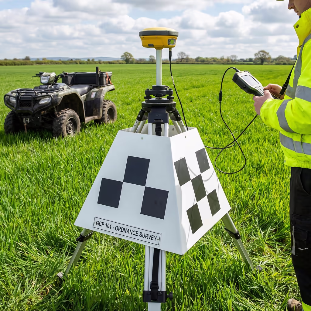 Ground control point marker in UK field for land survey accuracy