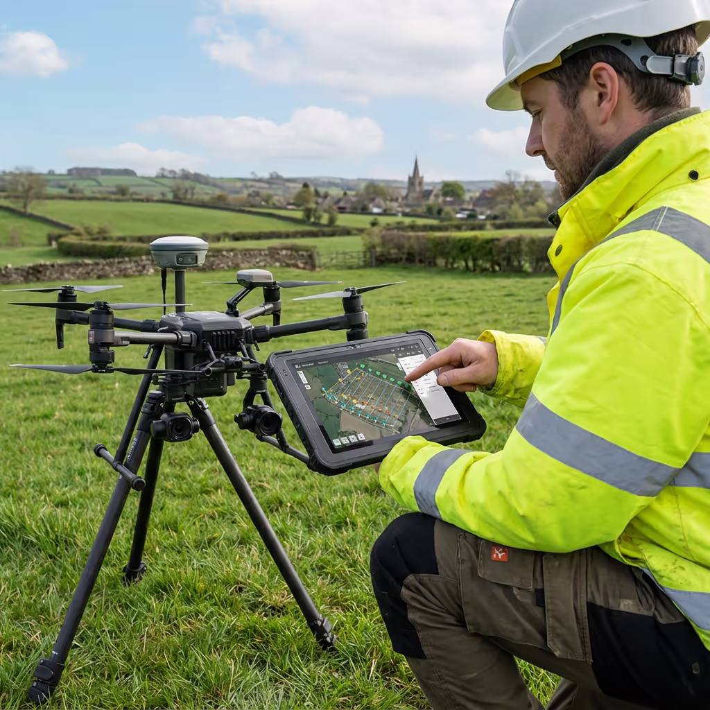 Surveyor reviewing drone land survey data on tablet in UK rural setting