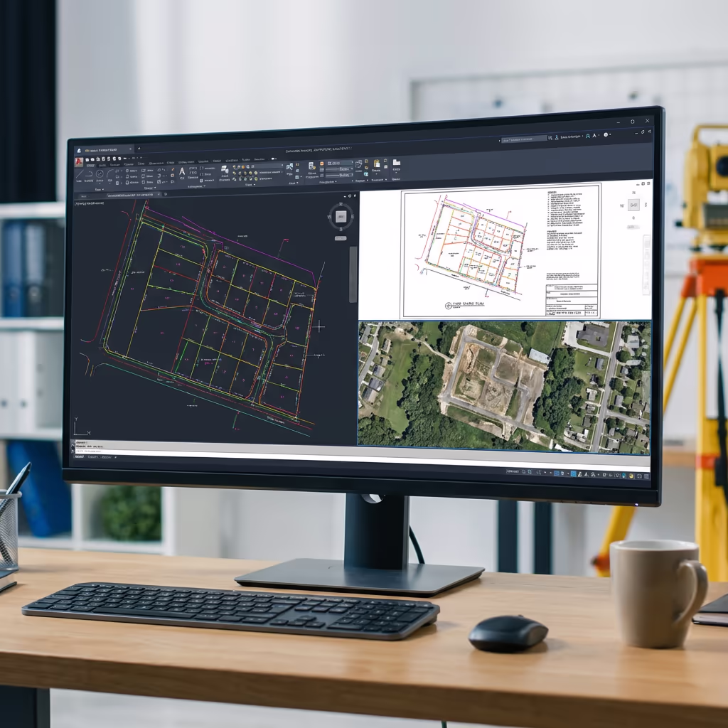 Land survey CAD drawings and boundary plans on computer screen